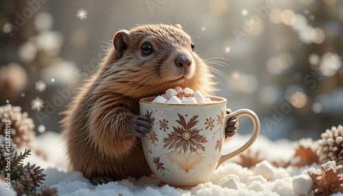 Marmot holding a decorated cup of hot chocolate with marshmallows in a snowy setting with copy space