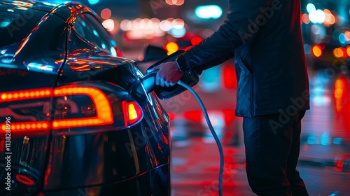 Wallpaper Mural Electric Car Charging at Night with Vibrant Urban Lights Reflected Torontodigital.ca