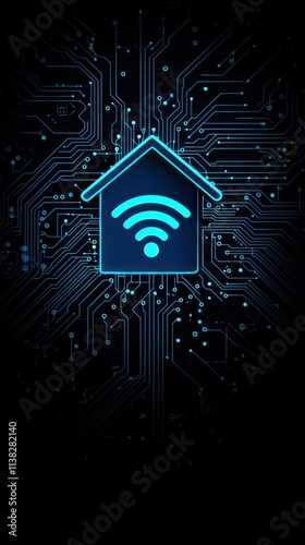 A blue circuit board and a house icon on a black background, representing home mesh networks and home wifi technology photo