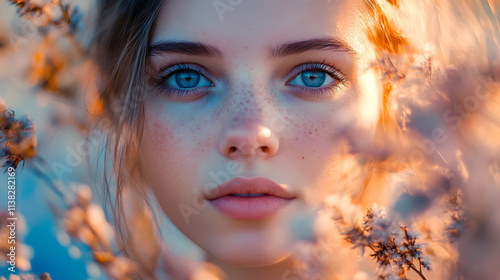 A woman with blue eyes and a blue shirt is in a field of flowers