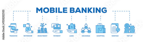Mobile banking infographic icon flow process which consists of transfer, withdraw, investment, payment, loan, exchange, shopping, verified and top-up icon live stroke and easy to edit .