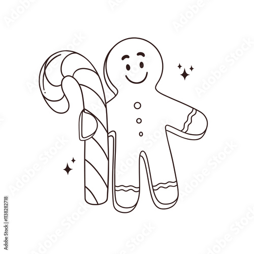 vector outline Christmas illustration template for coloring, activity, sketch funny cartoon happy gingerbread man with candy cane in his hand