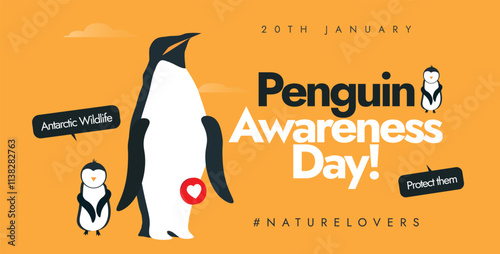 Penguin awareness day, 20th January. Penguin day social media banner or poster with mother and baby penguins. Protect penguins awareness post with yellow background and baby penguin vector