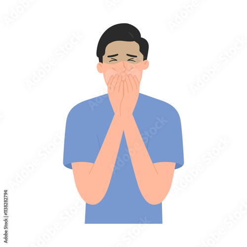 Vector illustration of man feeling sick and nauseous and vomiting. Food poisoning feels like puking. Flat design.