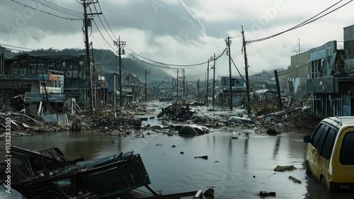 A desolate coastal town devastated by a tsunami with quality pic.