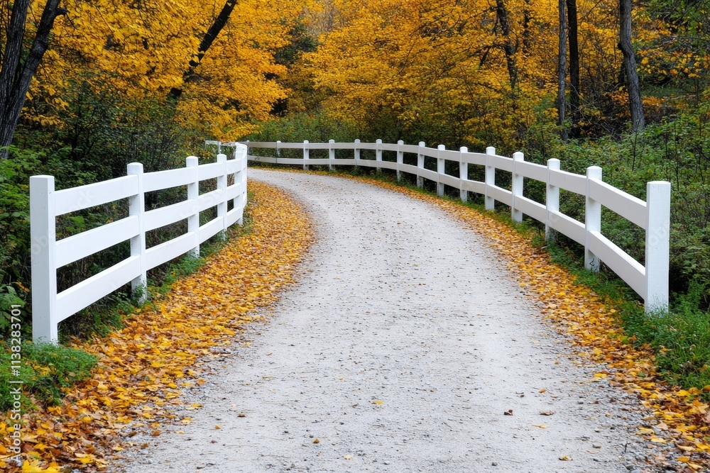 A split-rail fence running alongside a dirt path through a forest in autumn, surrounded by fallen leaves and golden light A split-rail fence running alongside a dirt path through a forest in autumn, surrounded by fallen leaves and golden light