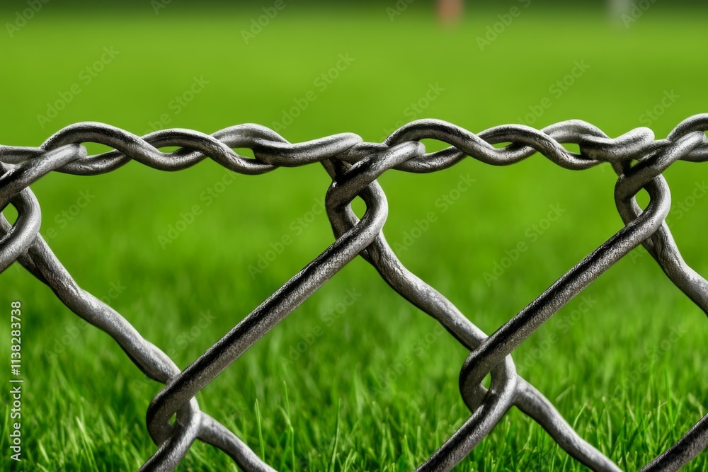 A sports field fence with a ball wedged between the chain links, surrounded by green grass and a busy game in progress A sports field fence with a ball wedged between the chain links, surrounded by green grass and a busy game in progress