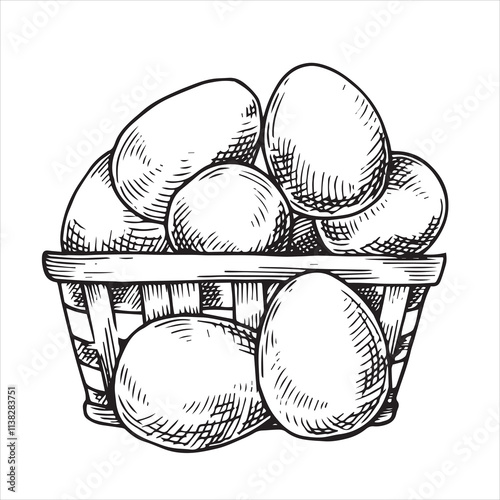 basket with eggs. Vector illustration in sketch style. farm products, vintage photo