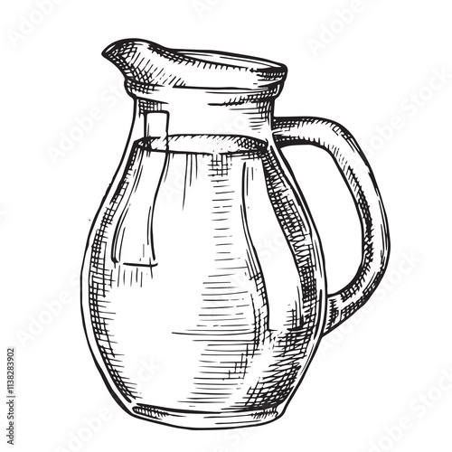 glass jug with milk. Vector illustration in sketch style. farm products, vintage