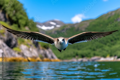 A stunning fjord scene with small ripples radiating outward from a diving seabird