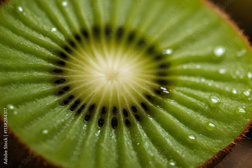 A blurry background reveals a kiwi with water droplets. A blurry background reveals a kiwi with water droplets.