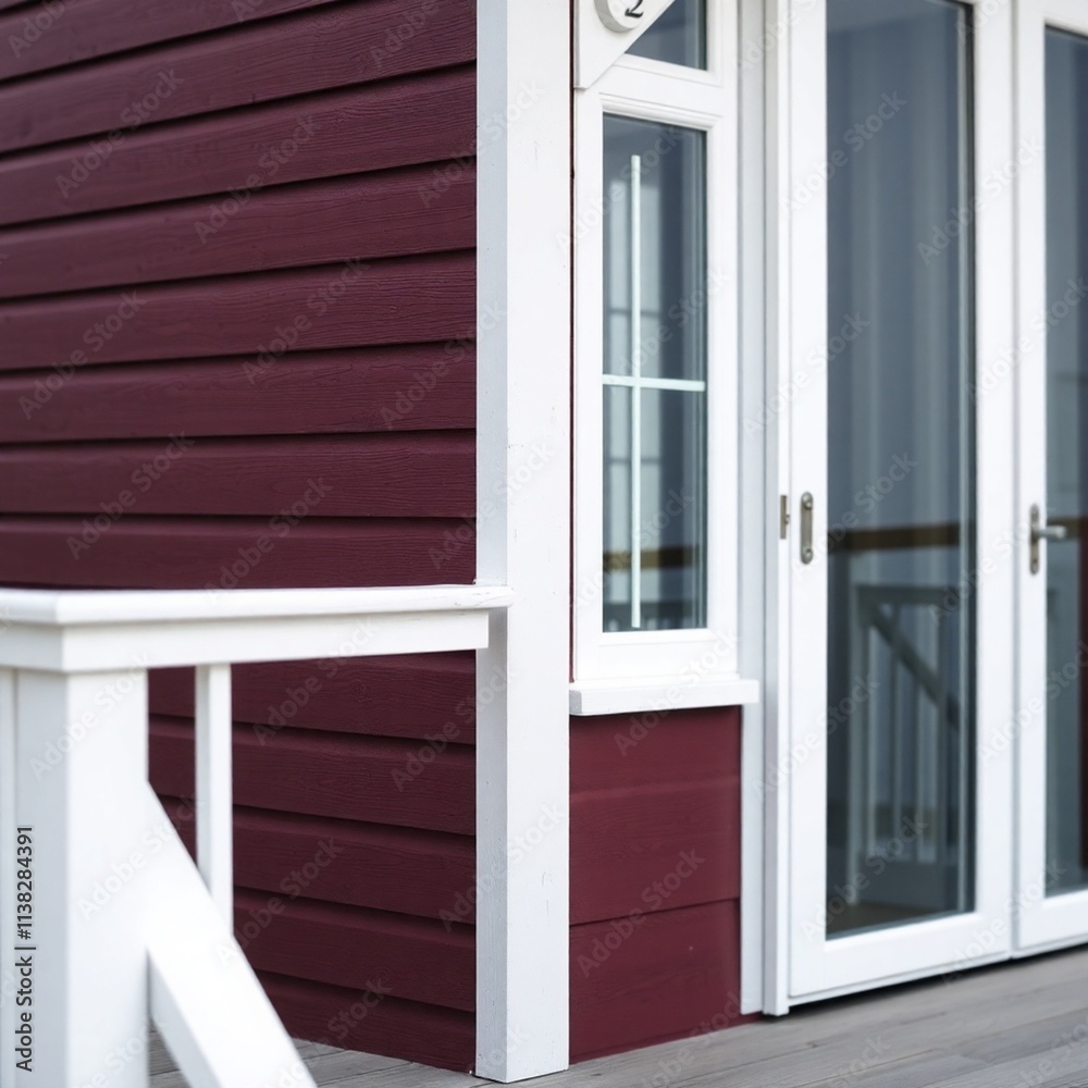 Fototapeta premium A tight close-up photograph of a beach house, rich burgundy and deep blue colors creating a sophisticated and elegant aesthetic, emphasizing fine details