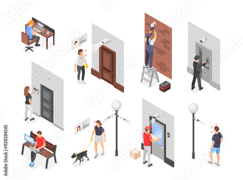 Isometric public security. Outdoor cctv, face recognition systems. Modern urban safety for people and home, criminal hacks smart lock. Flawless vector scenes