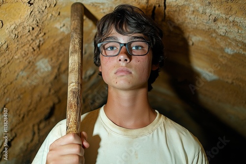 A teenager in a spooky abandoned house, gripping a bat for protection as eerie shadows flicker around them photo