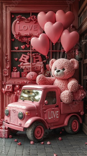 Valentine's display with pink teddy bear, balloons, and gifts in vintage truck