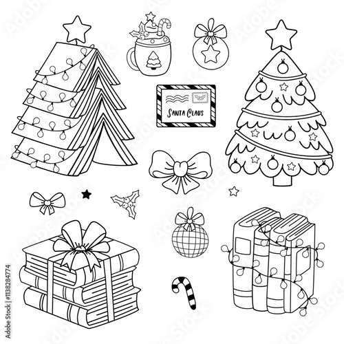outline set of isolated stack of books and Christmas tree