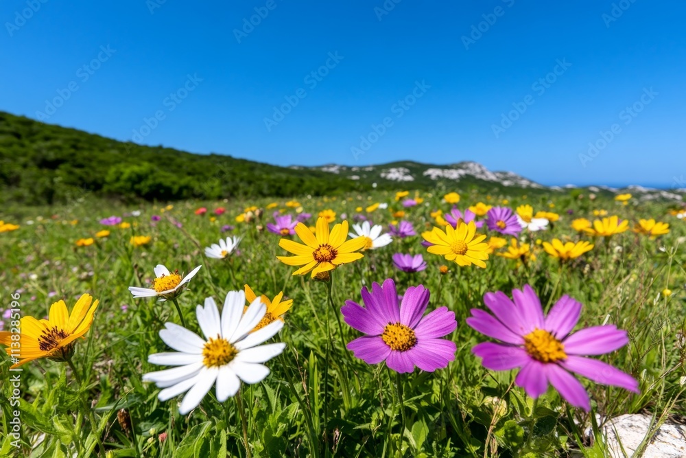 A vibrant field of wildflowers on a hillside, with a gentle breeze creating waves of color under a clear blue sky A vibrant field of wildflowers on a hillside, with a gentle breeze creating waves of color under a clear blue sky