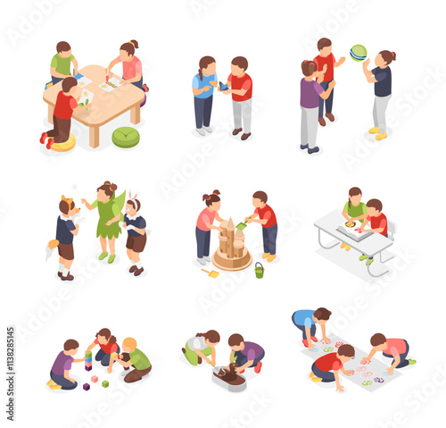 Isometric kindergarten activity. Children play together in ball and cubes, wearing animals costumes and drawing. Little kids outdoor activities, flawless vector set