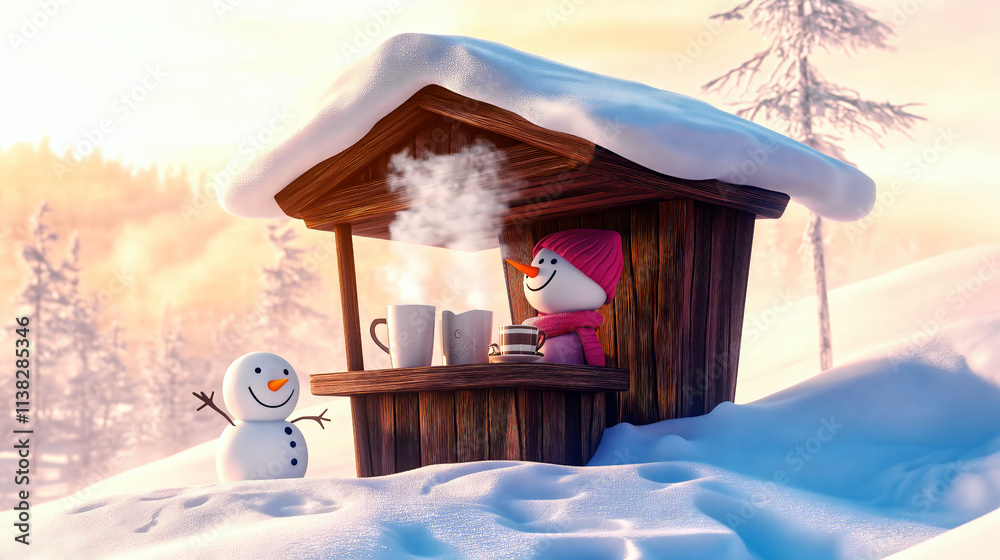Snowman enjoying hot drinks in a snowy mountain chalet at sunset Snowman enjoying hot drinks in a snowy mountain chalet at sunset