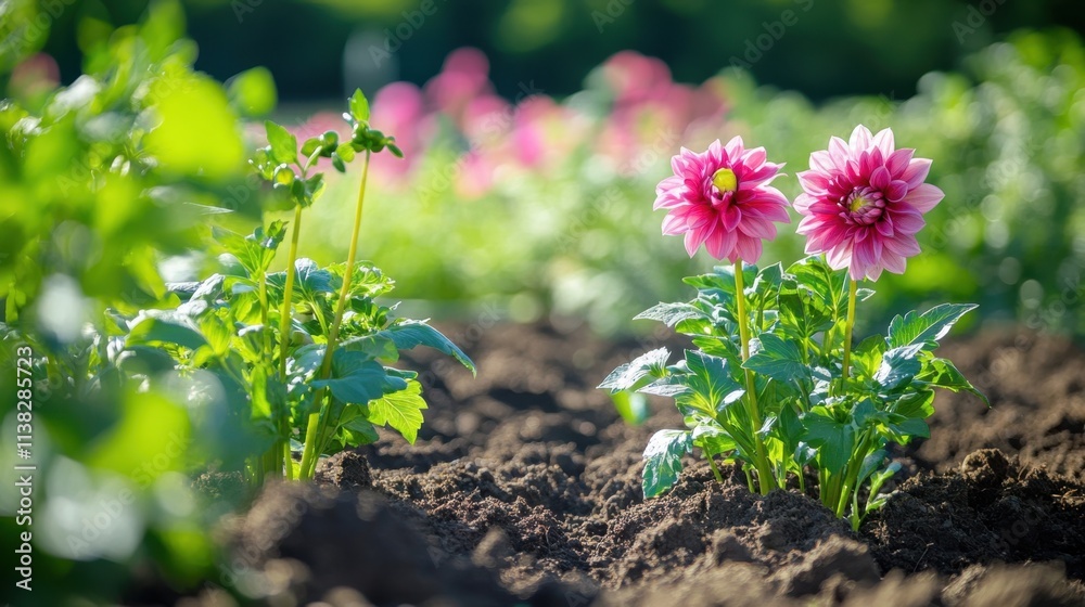 Close-up of dahlia roots and stems above rich soil, vibrant greenery showcasing natural growth Close-up of dahlia roots and stems above rich soil, vibrant greenery showcasing natural growth