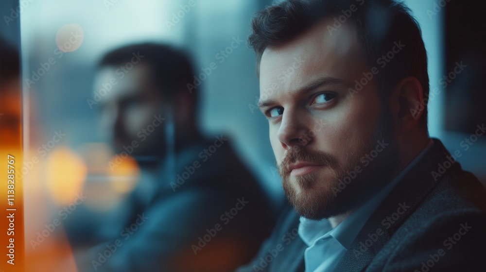 Portrait of a businessman discussing at office while his coworker is sitting in a blurry foreground Portrait of a businessman discussing at office while his coworker is sitting in a blurry foreground