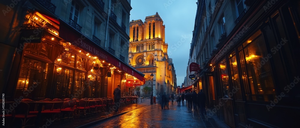 Naklejka premium Illuminated Parisian street at night, Notre Dame Cathedral in background.