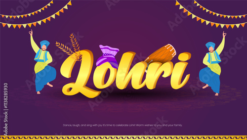  The word Lohri stands out in bold font Dancing figures in traditional attire wheat stalks a dhol  and colorful flags symbolize the joy harvest and music of the festival