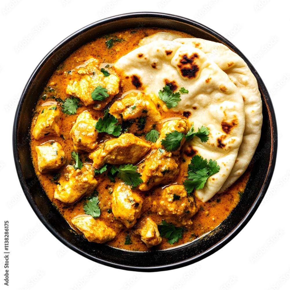 Top view of a ceramic plate with butter chicken and naan bread isolated on white background Top view of a ceramic plate with butter chicken and naan bread isolated on white background