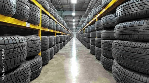 Endless rows of tires in an industrial warehouse storage facility