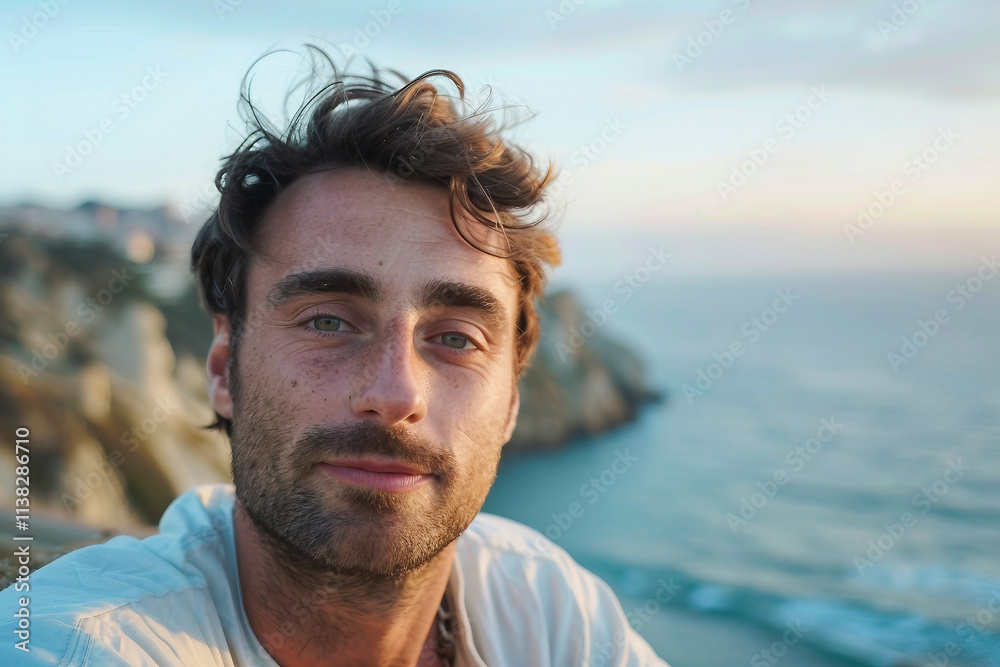 AI generated picture of male tourist taking a selfie in front of landscape AI generated picture of male tourist taking a selfie in front of landscape