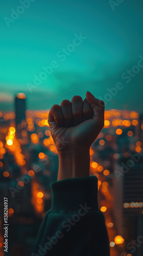 powerful image of raised fist against city skyline at dusk, symbolizing strength and unity