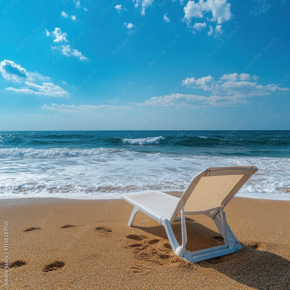 A tranquil beach setting with a lounge chair facing the ocean, gentle waves in the background, and a clear blue sky, representing a perfect rest day in a serene outdoor environment A tranquil beach setting with a lounge chair facing the ocean, gentle waves in the background, and a clear blue sky, representing a perfect rest day in a serene outdoor environment