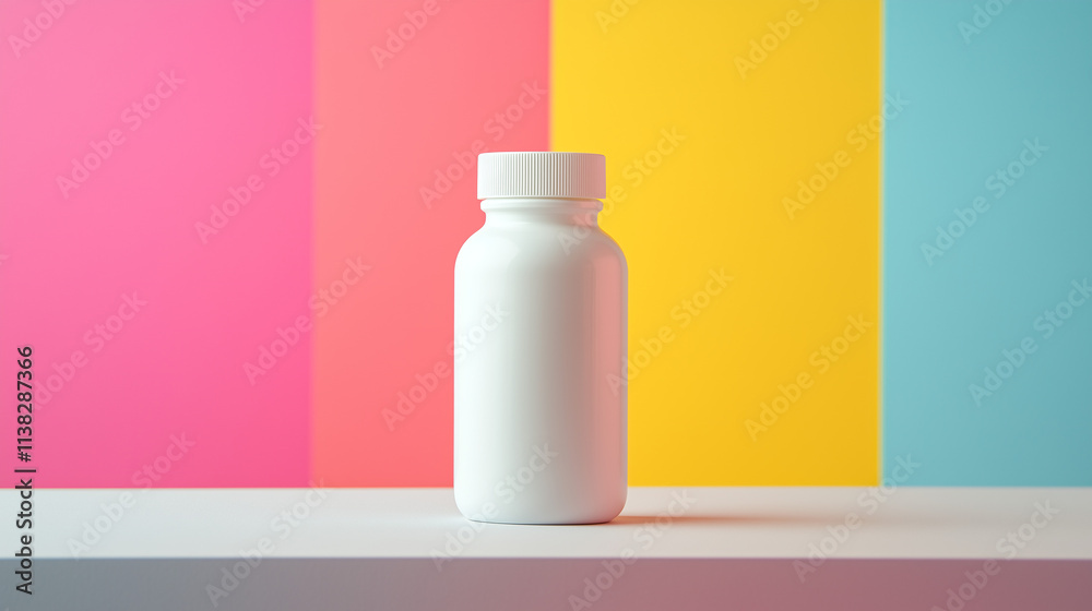Generic White Bottle for Pills or Nutritional Supplements Against Colored Backdrop