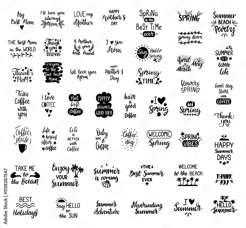 Black lettering hand drawn phrases. Isolated prints for cards posters banners, clothes design, postcards decorating. Summer vibes, mother love, thank you, spring time, coffee, vector clipart Black lettering hand drawn phrases. Isolated prints for cards posters banners, clothes design, postcards decorating. Summer vibes, mother love, thank you, spring time, coffee, vector clipart