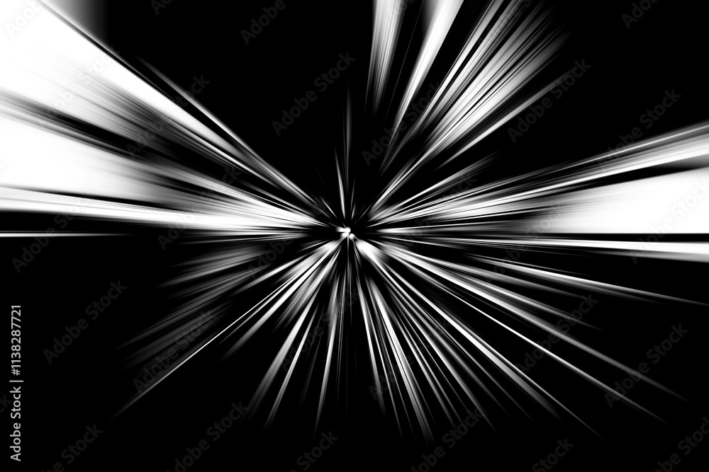 Fototapeta premium Abstrakcyjna powierzchnia rozmytego promienia powiększa monochromatyczne tony. Efektowne czarno-białe tło z promienistymi, rozbieżnymi, zbieżnymi liniami.