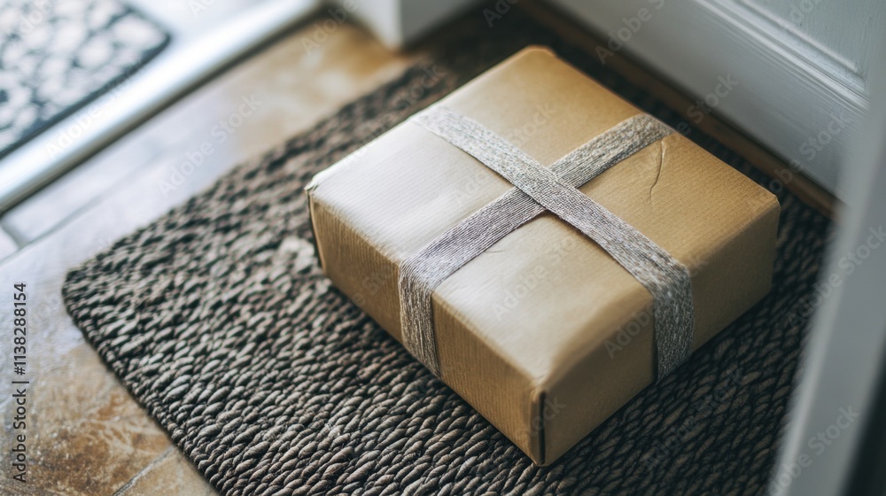 Extreme close-up of a delivered parcel on a textured doorstep mat near an entry door, focusing on shipping details and packaging Extreme close-up of a delivered parcel on a textured doorstep mat near an entry door, focusing on shipping details and packaging