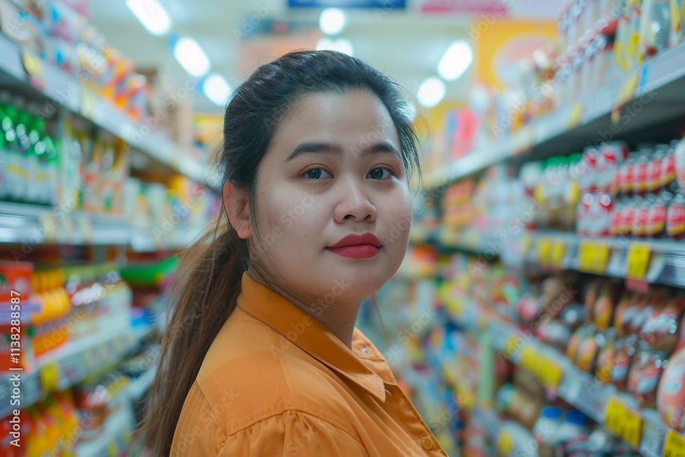 Generative AI Image of a Smiling Supermarket Worker in the Aisle with Products on Display Generative AI Image of a Smiling Supermarket Worker in the Aisle with Products on Display