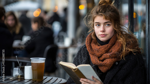 girl reading book at outdoor cafe, enjoying cozy atmosphere