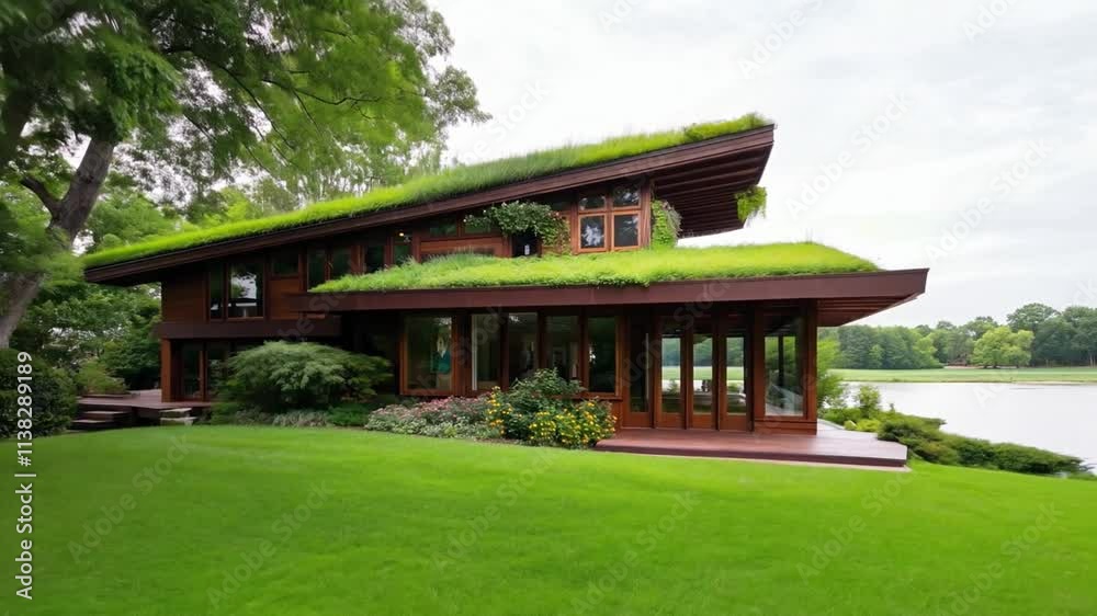 Unique suburban home with green roof and large windows overlooks serene lake in a tranquil setting Unique suburban home with green roof and large windows overlooks serene lake in a tranquil setting