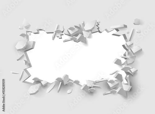 Falling plaster and brick on broken wall revealing empty blank copy space. Vector isolated realistic construction with empty place, mockup with breach or fracture, and cracks in building