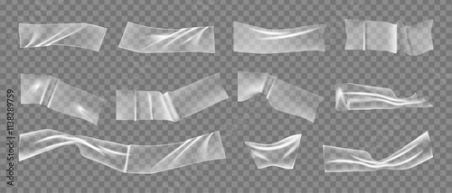 Transparent stickers or adhesive stripes with badly glued effect. Vector isolated set of realistic package duct tape with wrinkles and crumpled texture. Strips for parcels and boxes , badges