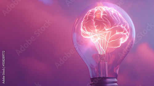 Creative Concept of a Glowing Brain Inside a Light Bulb with Pink Neon Light Representing Innovation, Ideas, Artificial Intelligence, and Human Intelligence on a Dreamy Background - Stock Photo