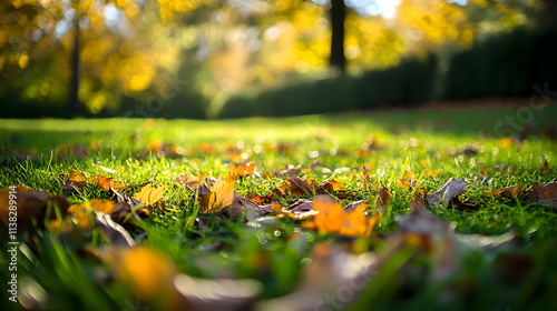 A close up of a grassy field with leaves scattered on the ground