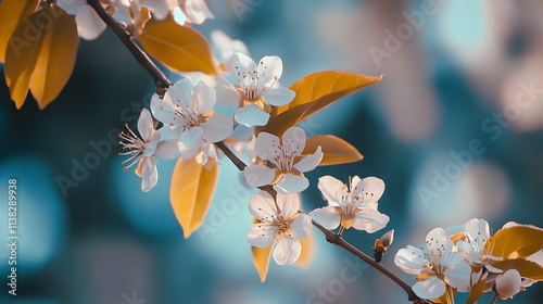 A branch with white flowers and green leaves