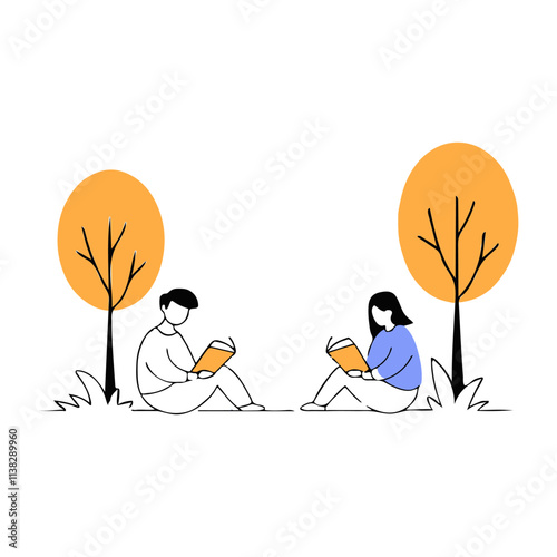 A man and a woman reading books while sitting on the grass in a park. Minimalistic vector sketch in flat art style