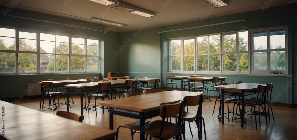 Beautiful blurred background of bright classroom and study room with panoramic windows and beautiful lighting. Beautiful blurred background of bright classroom and study room with panoramic windows and beautiful lighting.
