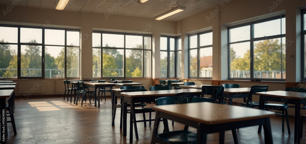 Beautiful blurred background of bright classroom and study room with panoramic windows and beautiful lighting. Beautiful blurred background of bright classroom and study room with panoramic windows and beautiful lighting.