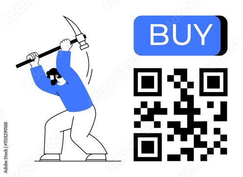 Man with pickaxe standing beside QR code and blue BUY button. Ideal for e-commerce, digital marketing, online shopping, transactions, web engagements, app promotions, mobile payments. Line metaphor