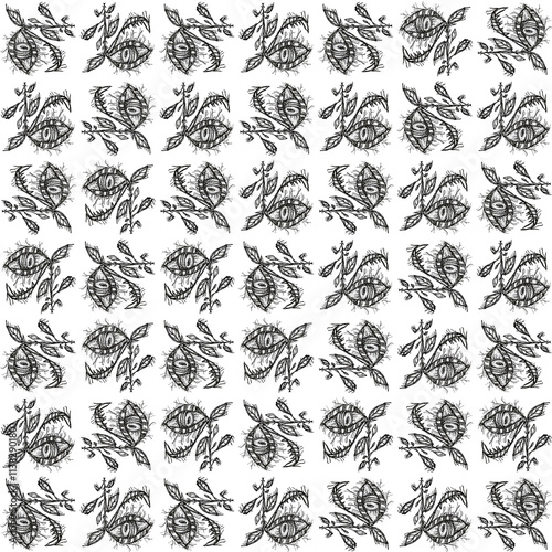 Fantasy monster plant black and white drawing motif pattern photo