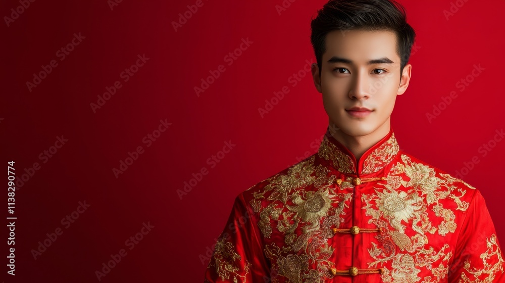 Portrait of a handsome young Chinese man dressed in elegant traditional clothing to celebrate a heritage festive, with copy space Portrait of a handsome young Chinese man dressed in elegant traditional clothing to celebrate a heritage festive, with copy space